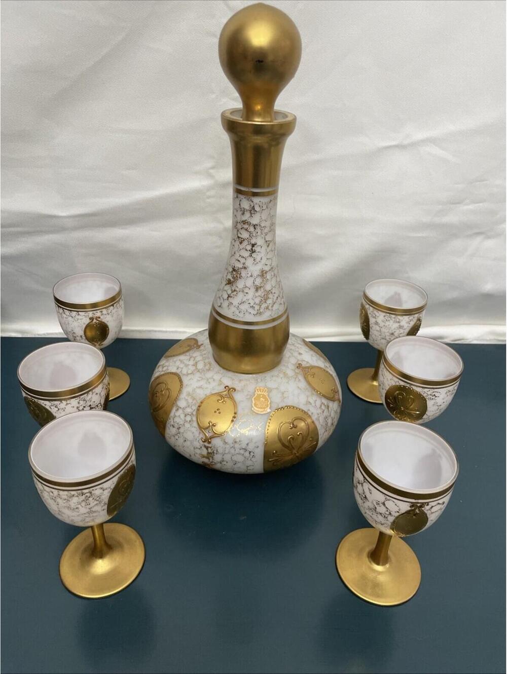 Meerlust Czech Hand Painted  Vintage  Milk Glass Decanter 6 Cordial Glasses